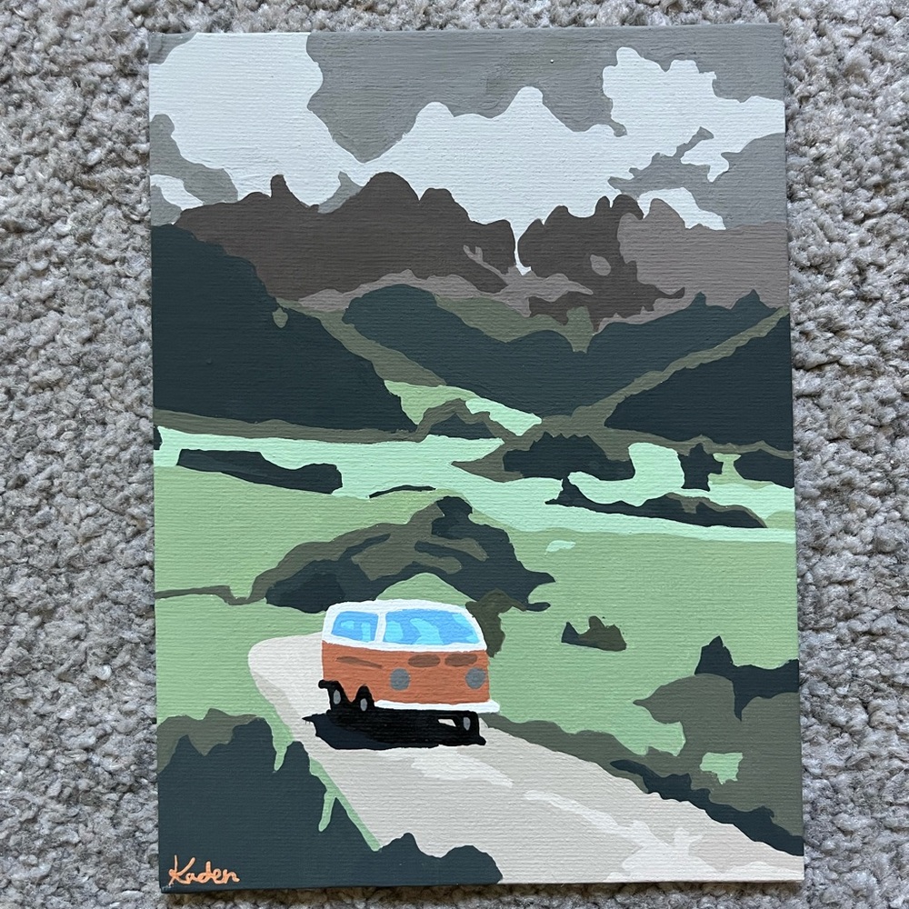 Retro Orange Van in Scenic Green Landscape Art